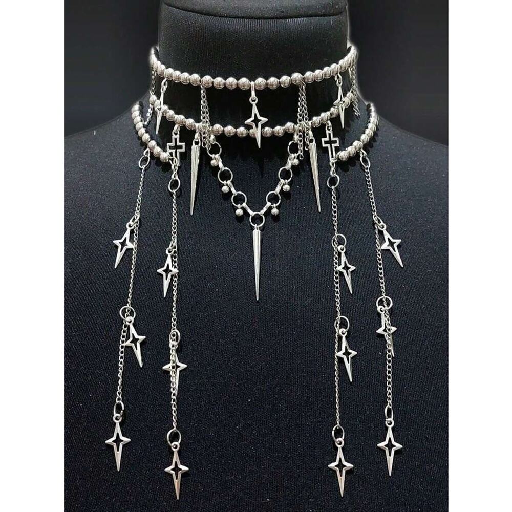 Gothic Punk Silver Tone Layered Choker Necklace w/ Cross & Star Charms